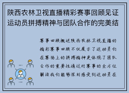 陕西农林卫视直播精彩赛事回顾见证运动员拼搏精神与团队合作的完美结合